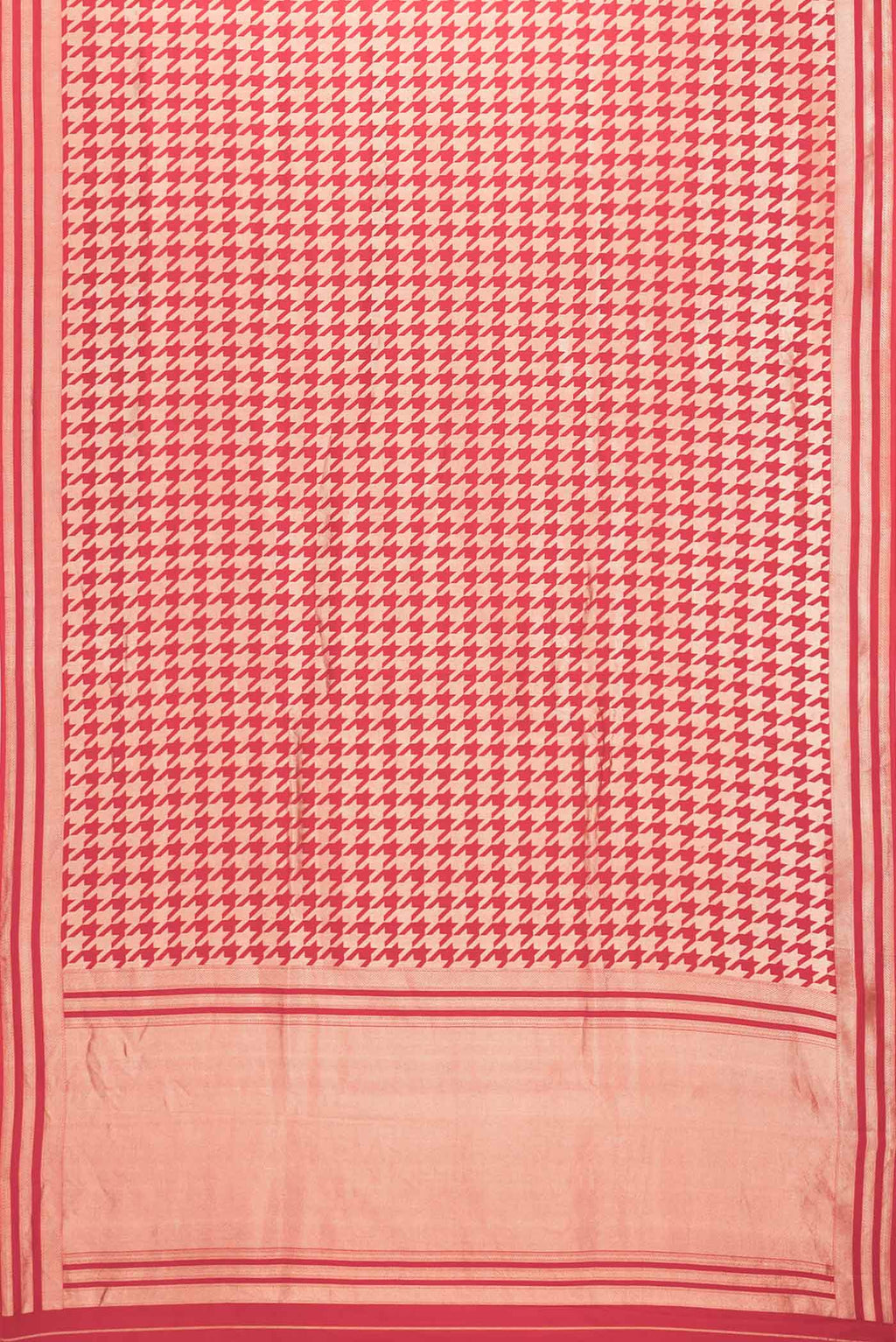 Flat view of Red Dual Tone Banarasi Silk Saree with Zari Brocade on the body and Zari Border. 