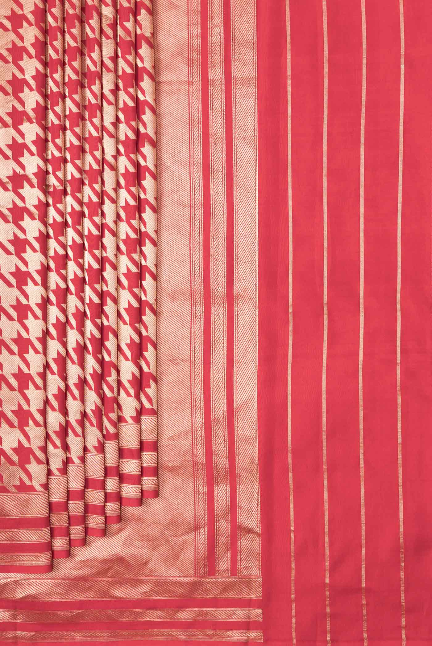 Pleats and pallu of Red Dual Tone Banarasi Silk Saree with Zari Brocade on the body and Zari Border. 