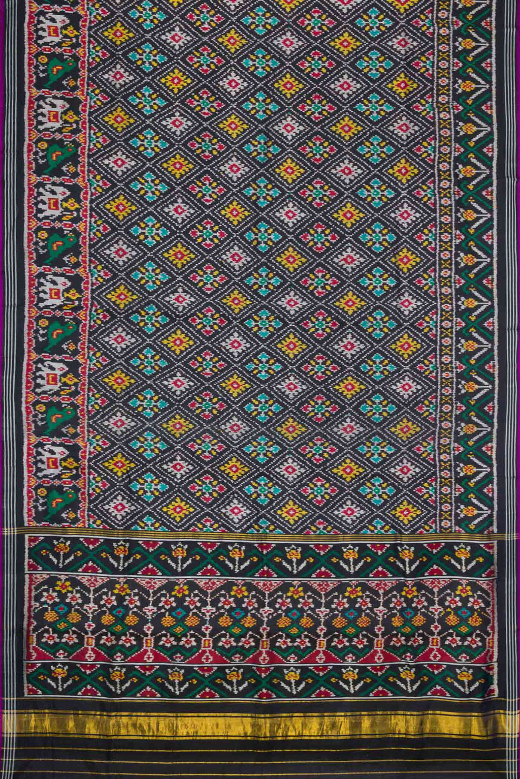 Flat view of Black Pochampally Silk Saree with Pure Ikat on the body and Plain Border