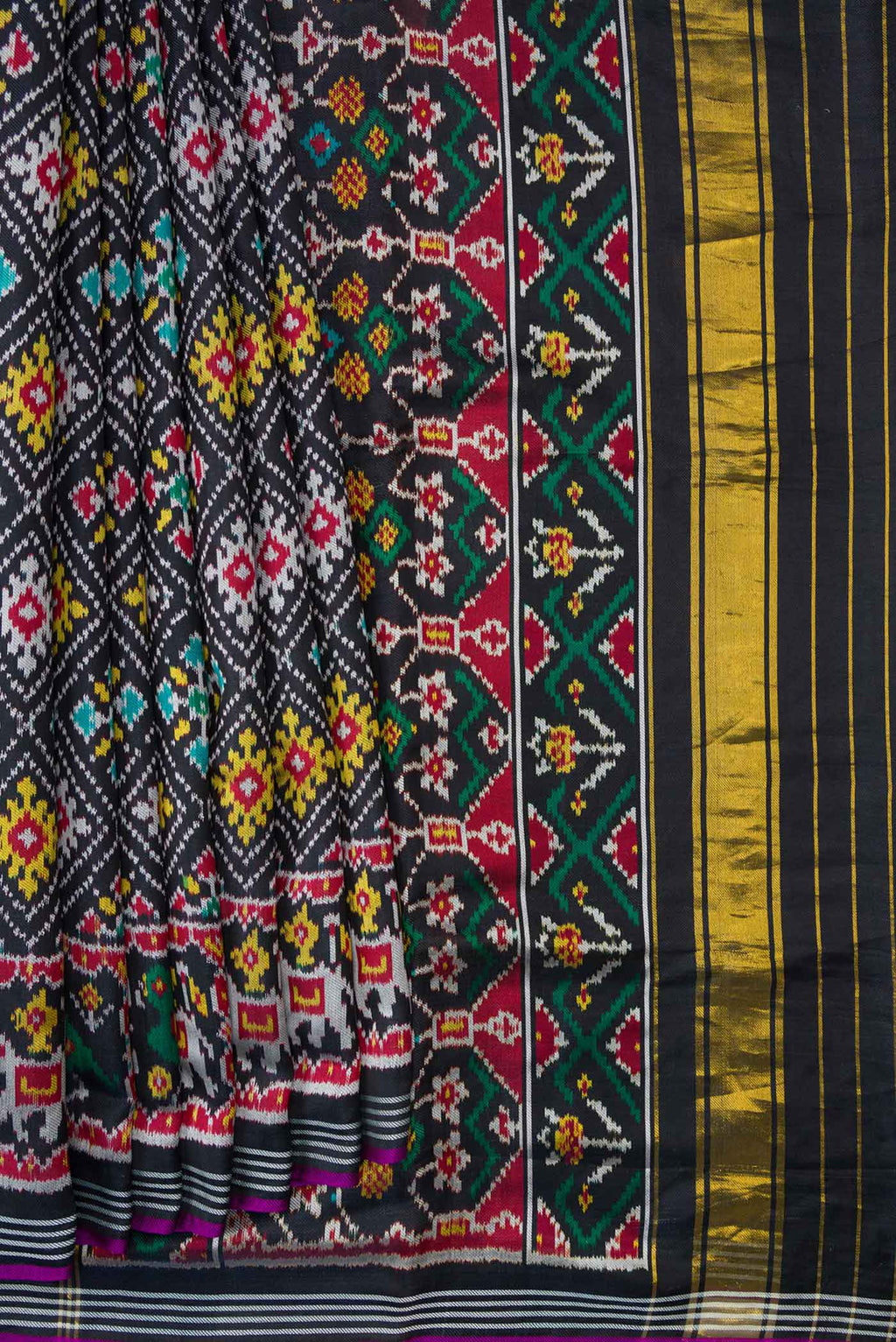 Pleats and pallu of Black Pochampally Silk Saree with Pure Ikat on the body and Plain Border