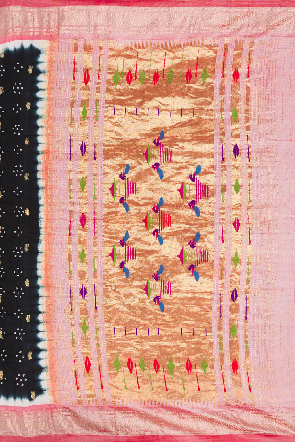 Close up image of the pallu of Black Dual Tone Bandhani Silk Saree with Bandhani Print on the body and Zari Border. 