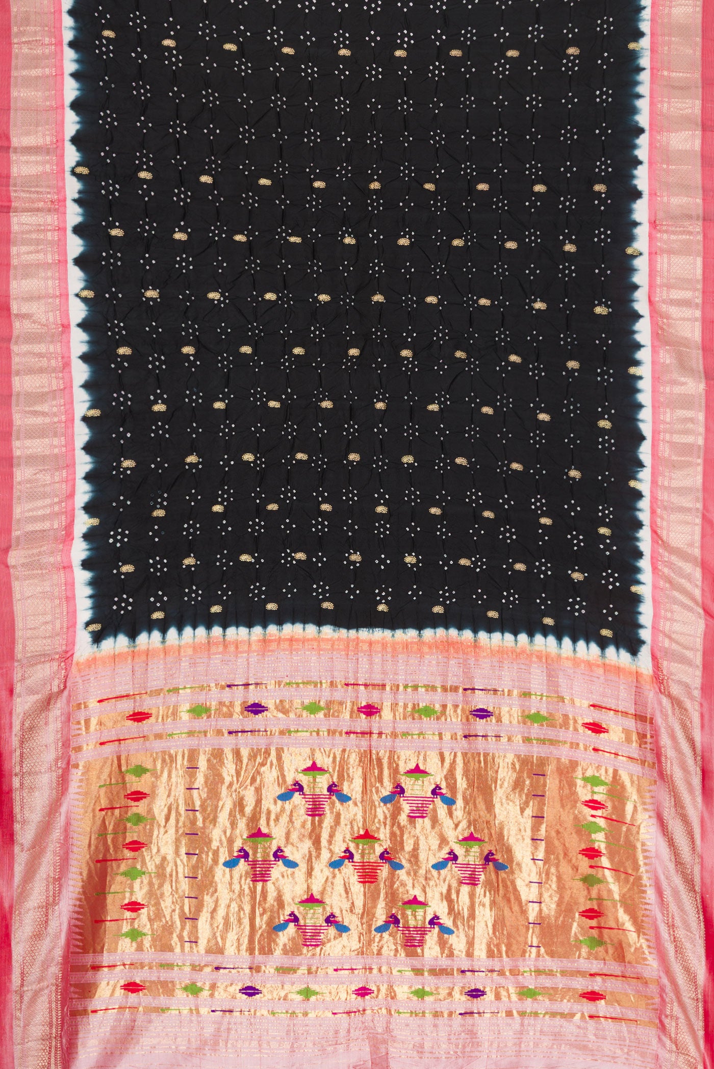 Flat view of Black Dual Tone Bandhani Silk Saree with Bandhani Print on the body and Zari Border. 