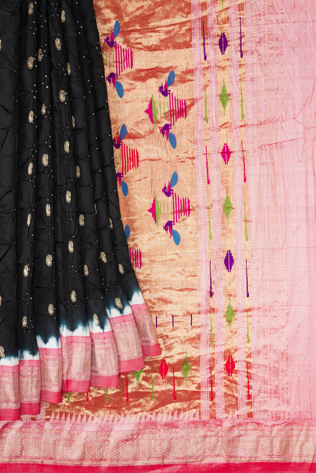 Pleats and pallu of Black Dual Tone Bandhani Silk Saree with Bandhani Print on the body and Zari Border. 