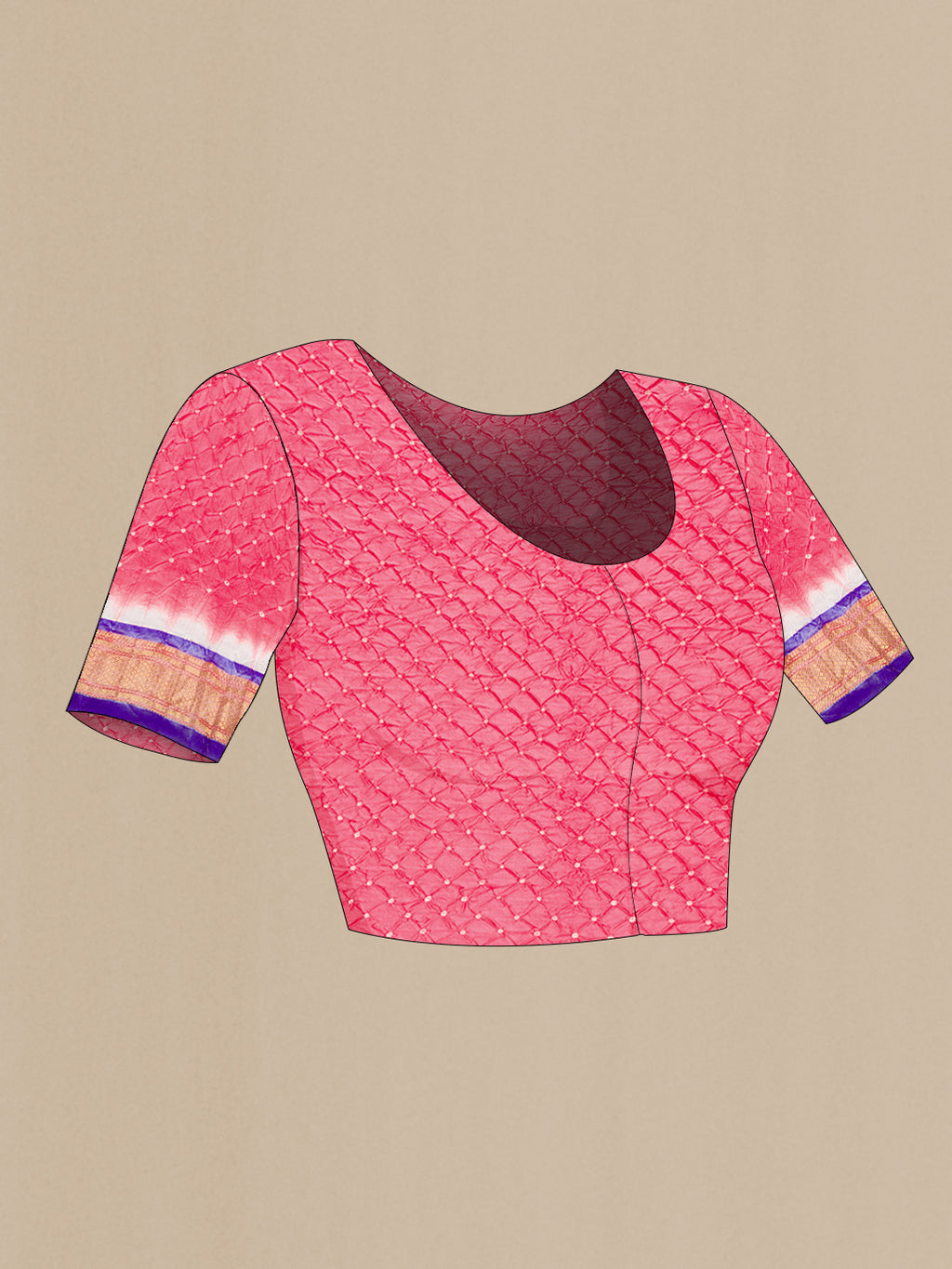 Close up image of the blouse of Pink Dual Tone Bandhani Silk Saree with Bandhani Print on the body and Zari Border. 