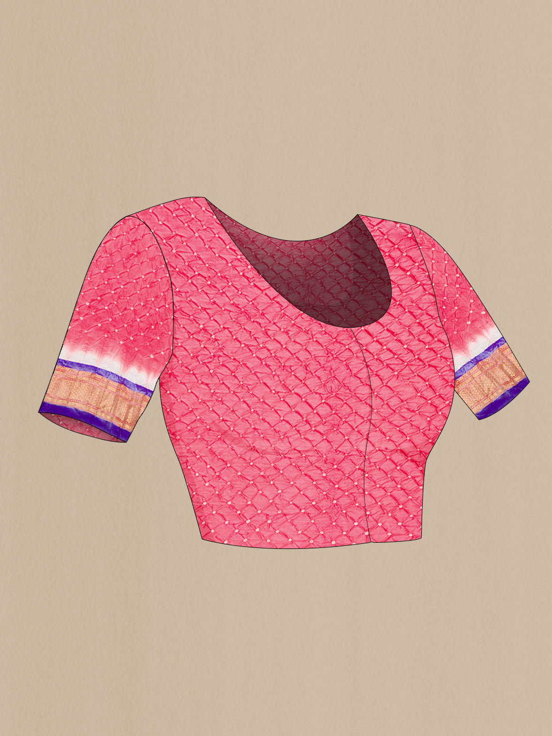 Close up image of the blouse of Pink Dual Tone Bandhani Silk Saree with Bandhani Print on the body and Zari Border. 