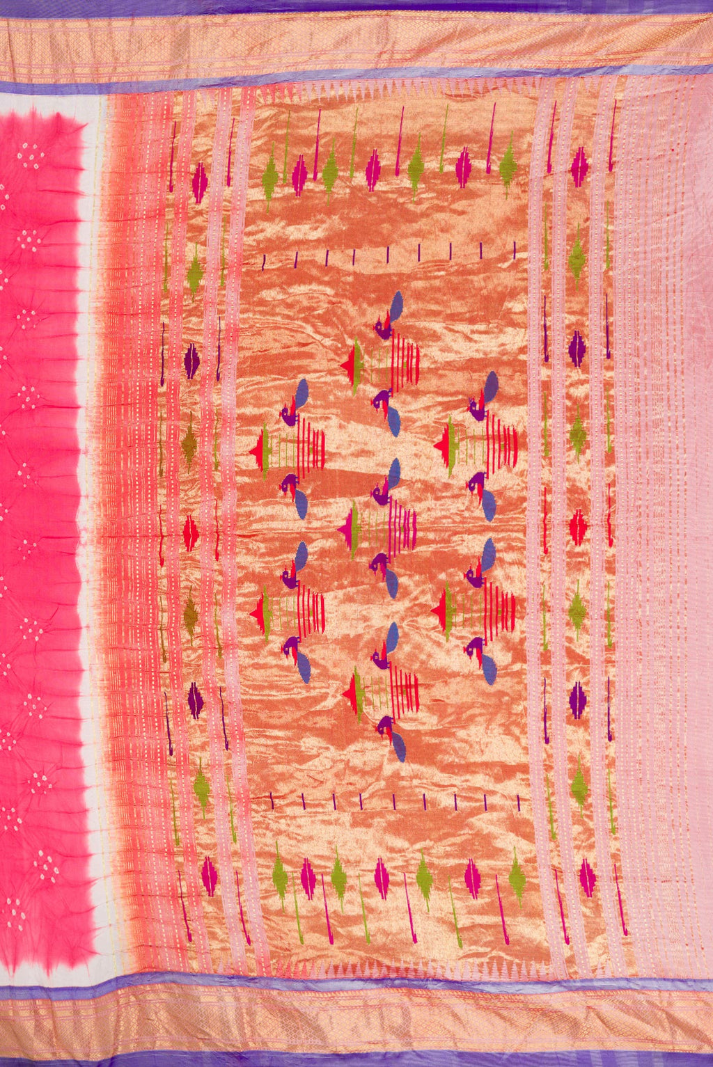 Close up image of the pallu of Pink Dual Tone Bandhani Silk Saree with Bandhani Print on the body and Zari Border. 