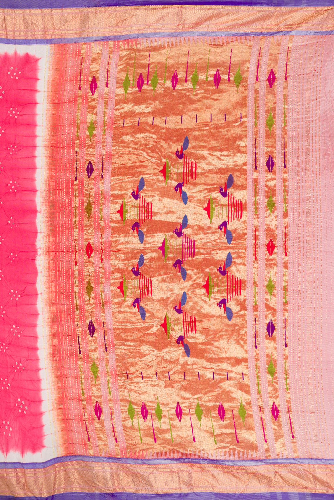 Close up image of the pallu of Pink Dual Tone Bandhani Silk Saree with Bandhani Print on the body and Zari Border. 