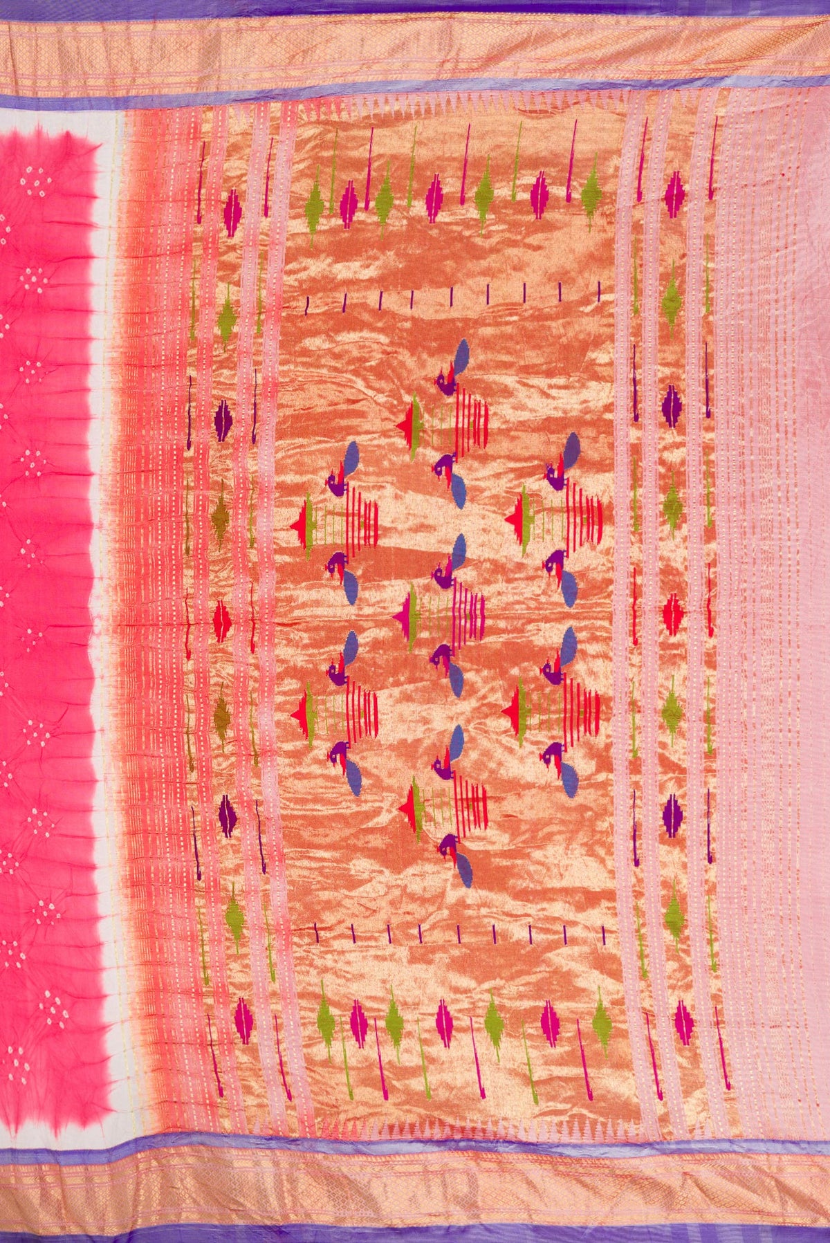 Close up image of the pallu of Pink Dual Tone Bandhani Silk Saree with Bandhani Print on the body and Zari Border. 