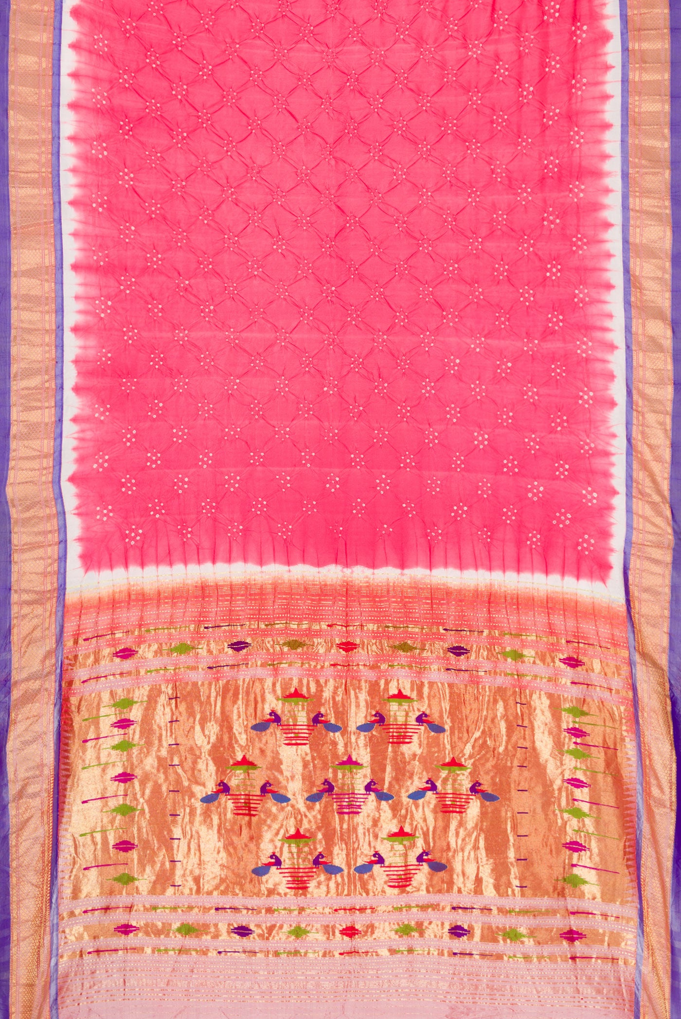 Flat view of Pink Dual Tone Bandhani Silk Saree with Bandhani Print on the body and Zari Border. 