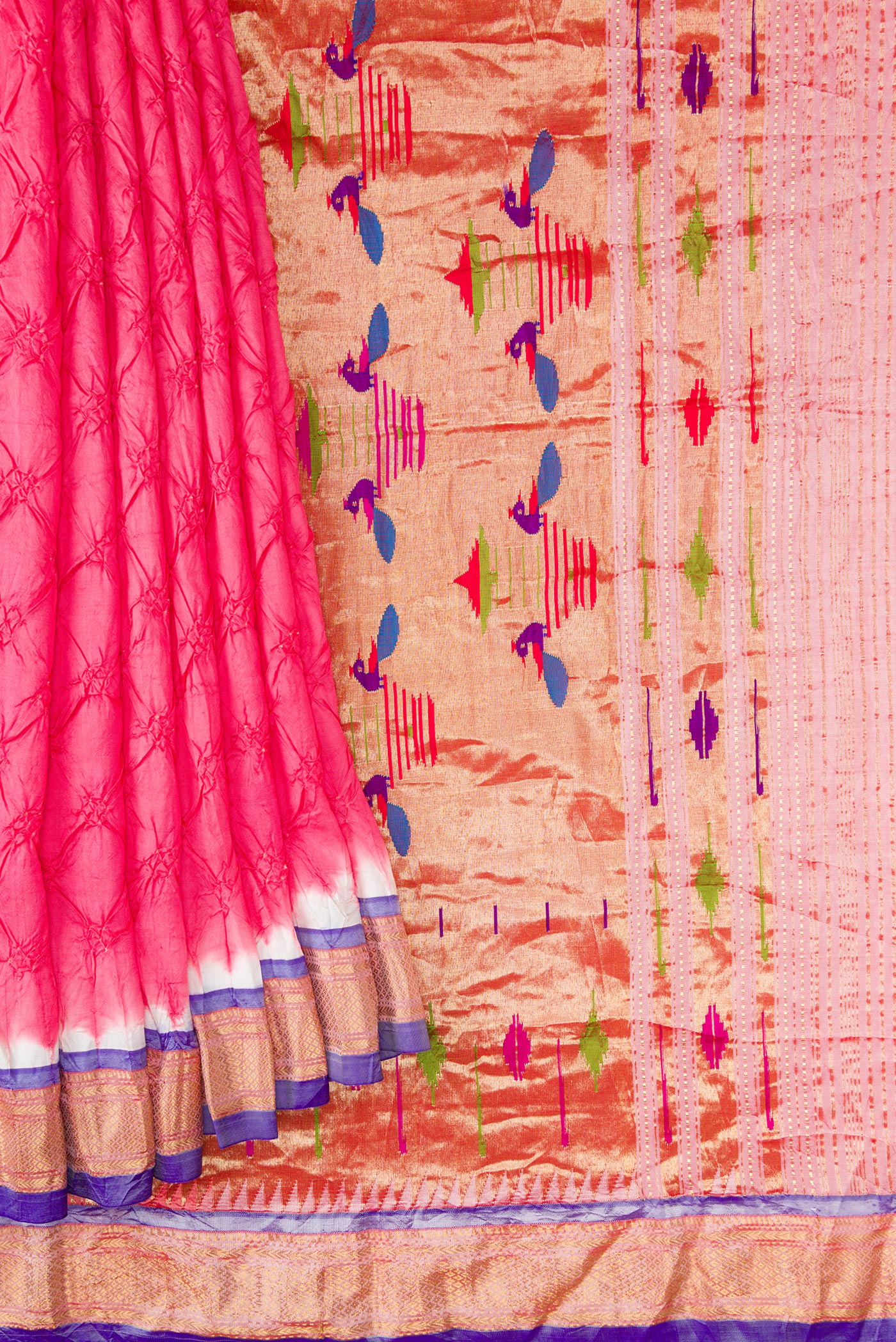Pleats and pallu of Pink Dual Tone Bandhani Silk Saree with Bandhani Print on the body and Zari Border. 
