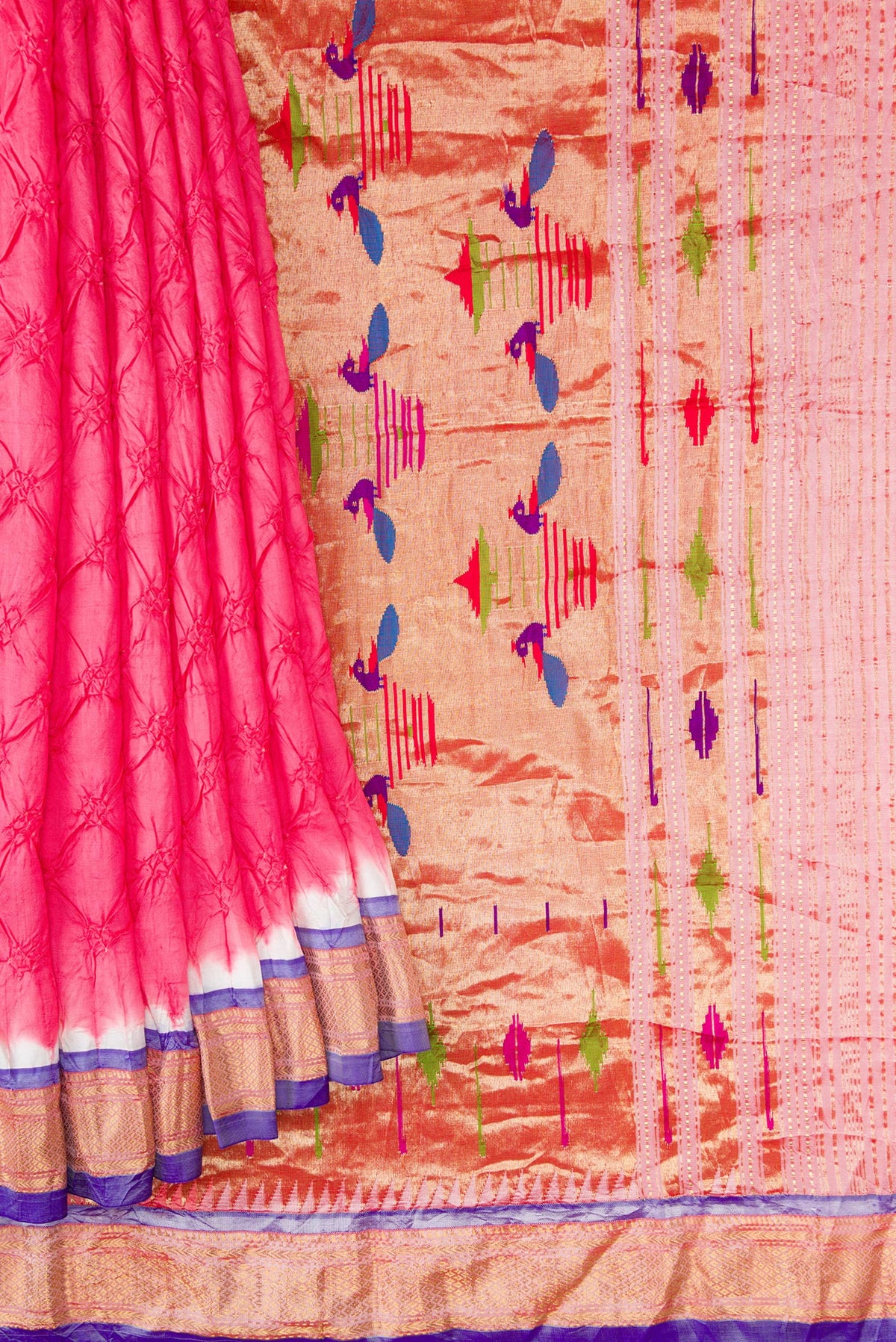 Pleats and pallu of Pink Dual Tone Bandhani Silk Saree with Bandhani Print on the body and Zari Border. 