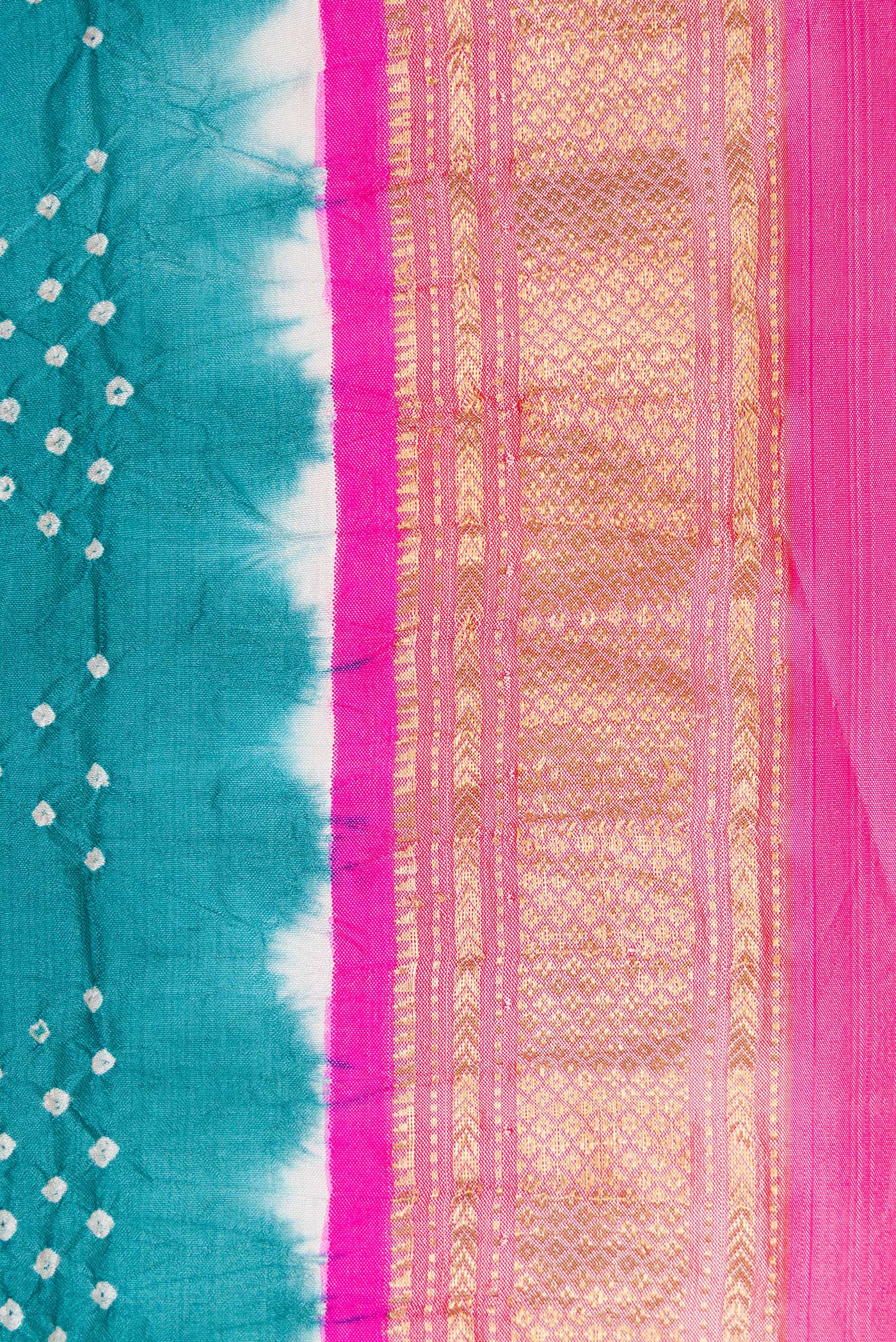 Border image of Peacock Blue Dual Tone Bandhani Silk Saree with Bandhani Print on the body and Zari Border. 