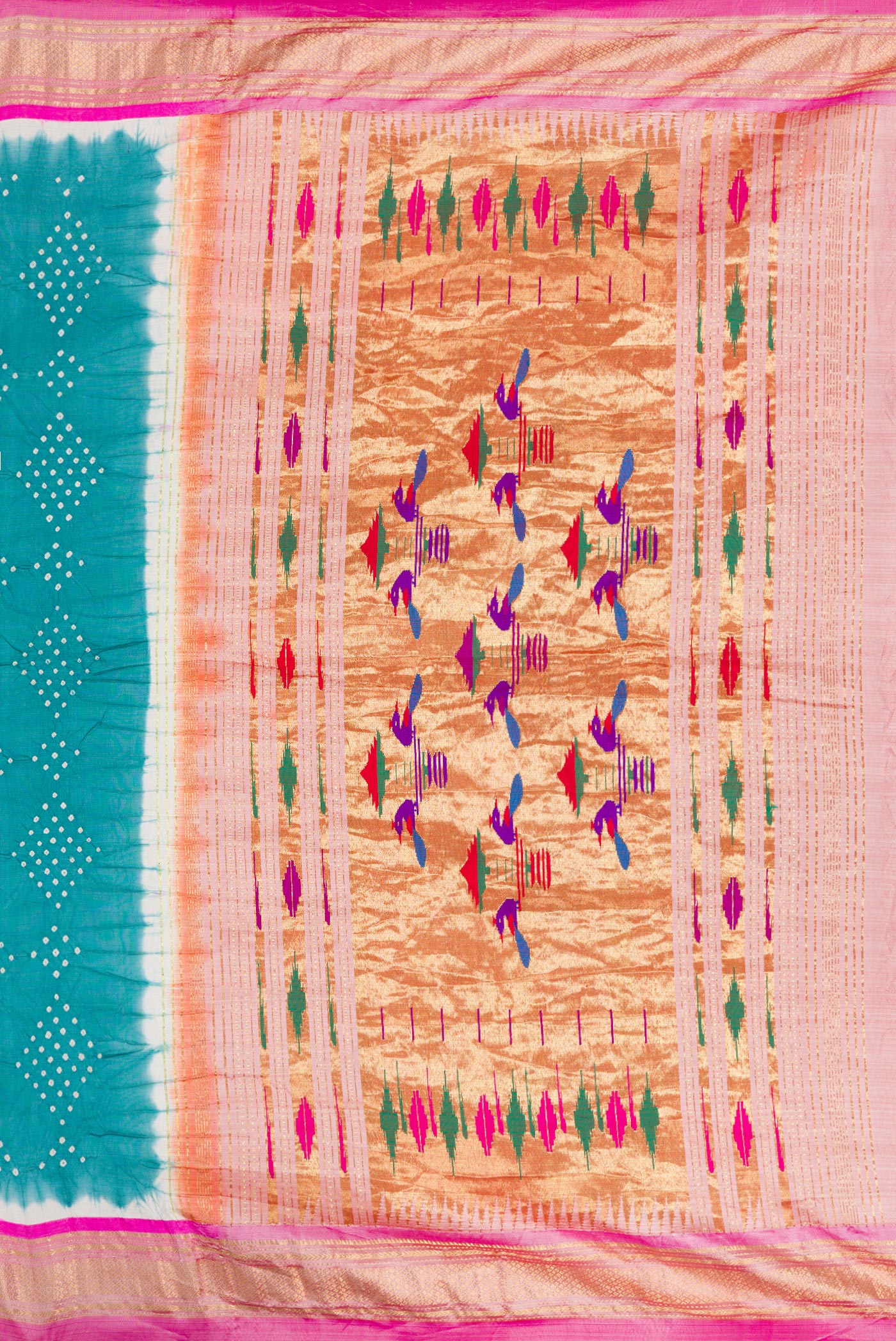 Close up image of the pallu of Peacock Blue Dual Tone Bandhani Silk Saree with Bandhani Print on the body and Zari Border. 
