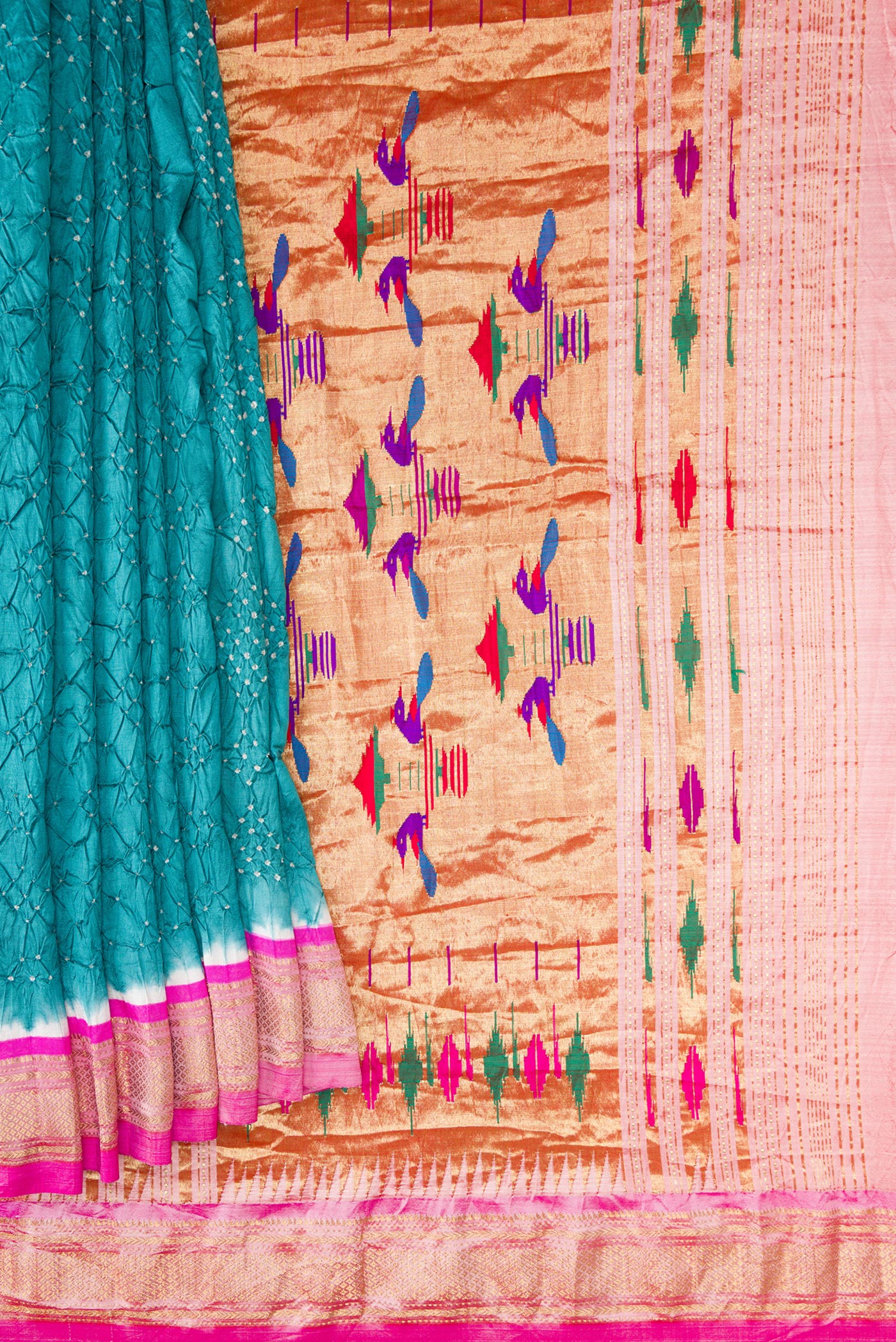 Pleats and pallu of Peacock Blue Dual Tone Bandhani Silk Saree with Bandhani Print on the body and Zari Border. 