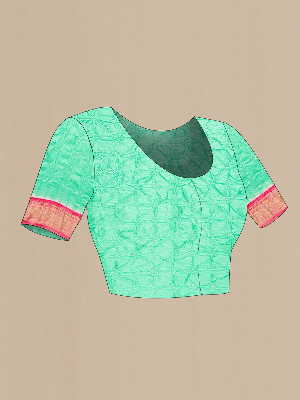 Close up image of the blouse of Sea Green Dual Tone Bandhani Silk Saree with Bandhani Print on the body and Zari Border. 