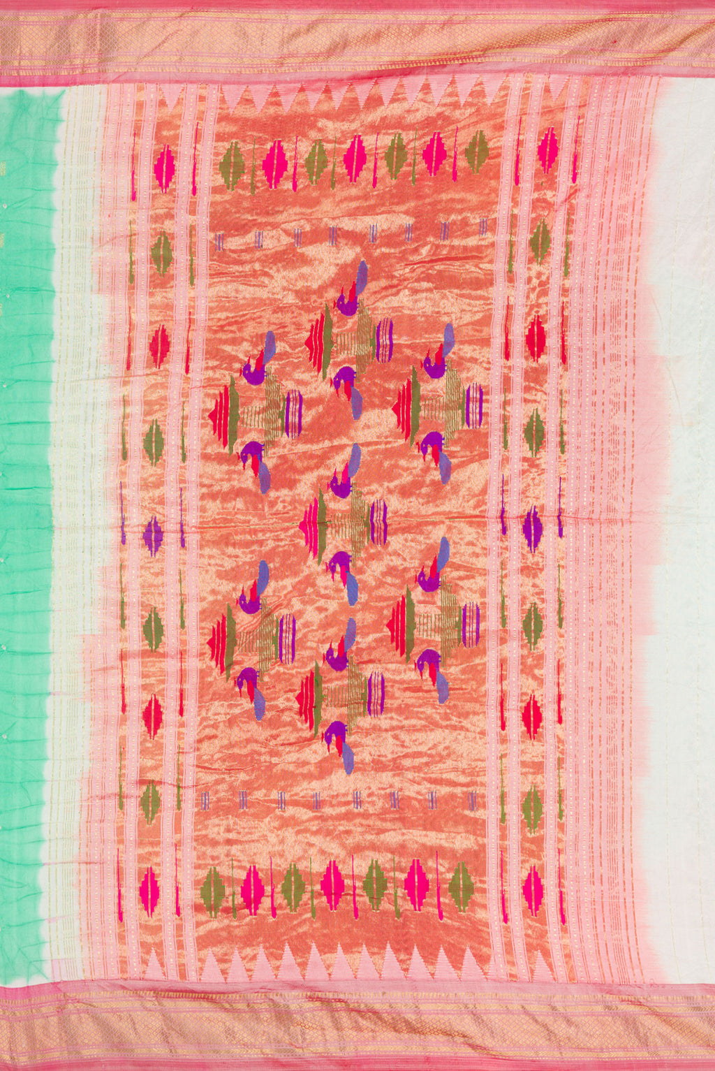 Close up image of the pallu of Sea Green Dual Tone Bandhani Silk Saree with Bandhani Print on the body and Zari Border. 