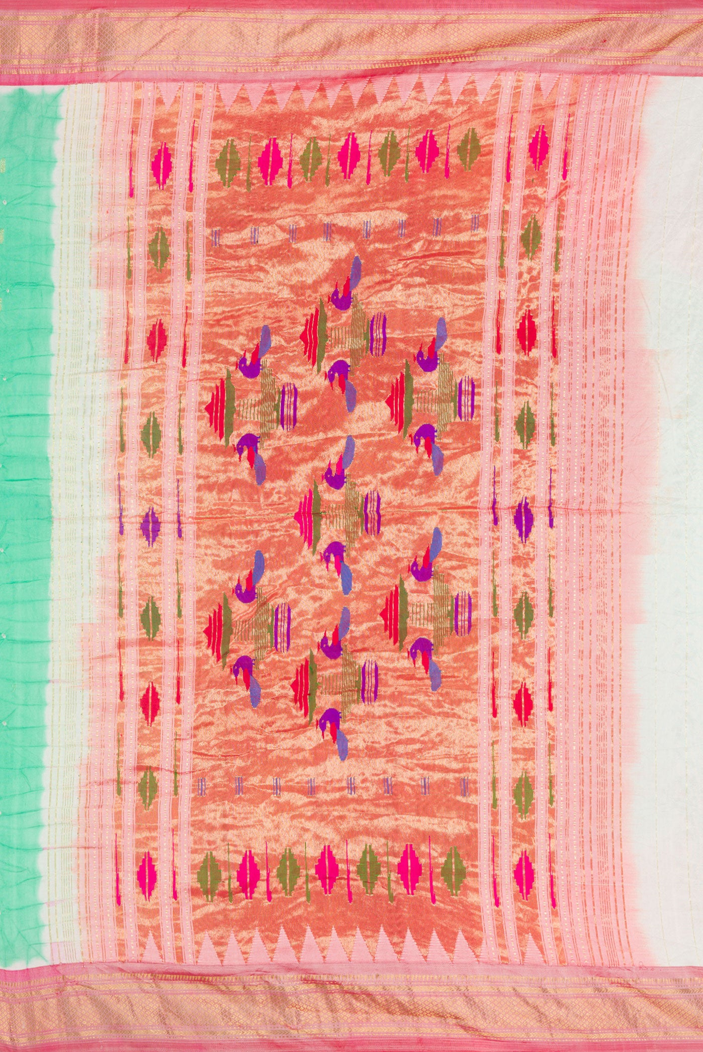 Close up image of the pallu of Sea Green Dual Tone Bandhani Silk Saree with Bandhani Print on the body and Zari Border. 