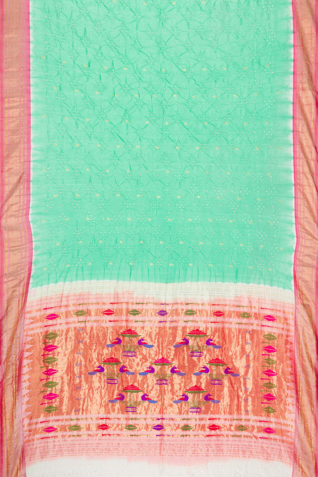 Flat view of Sea Green Dual Tone Bandhani Silk Saree with Bandhani Print on the body and Zari Border. 