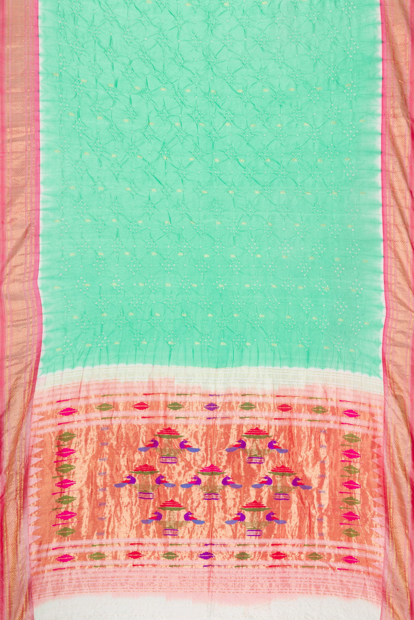 Flat view of Sea Green Dual Tone Bandhani Silk Saree with Bandhani Print on the body and Zari Border. 