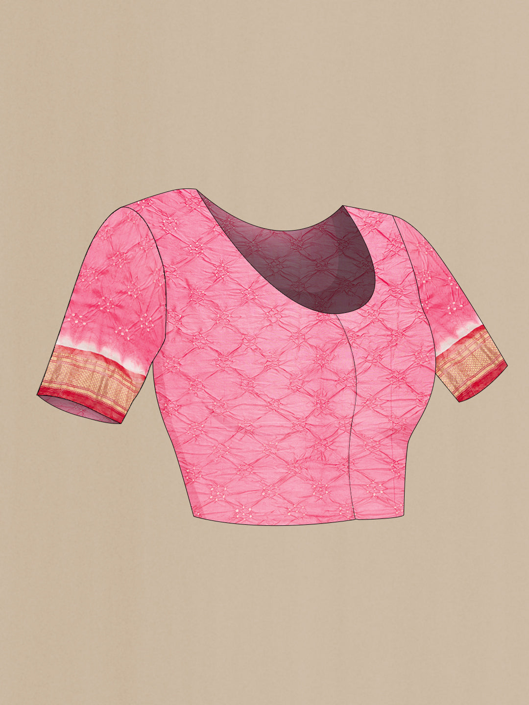 Close up image of the blouse of Pink Dual Tone Bandhani Silk Saree with Bandhani Print on the body and Zari Border. 