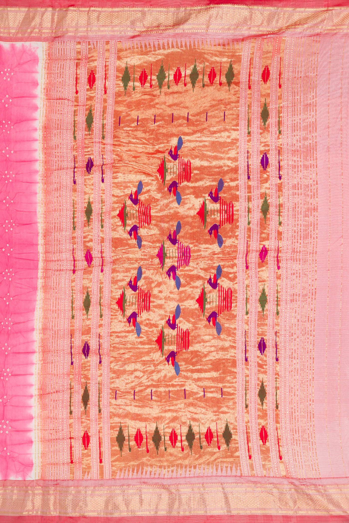Close up image of the pallu of Pink Dual Tone Bandhani Silk Saree with Bandhani Print on the body and Zari Border. 