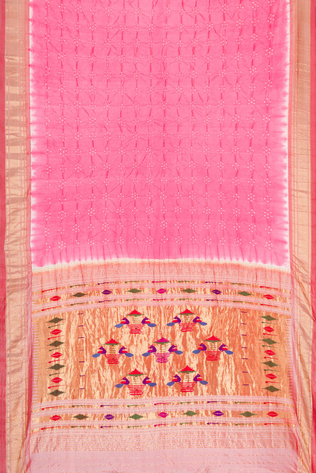 Flat view of Pink Dual Tone Bandhani Silk Saree with Bandhani Print on the body and Zari Border. 