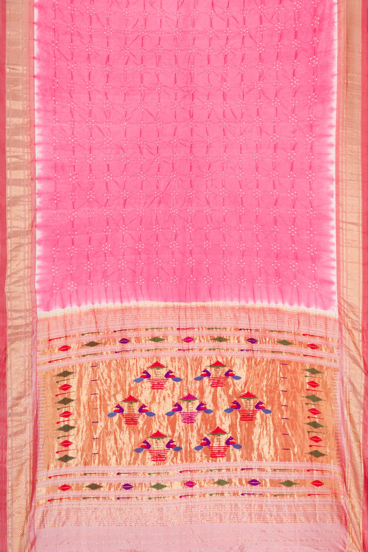 Flat view of Pink Dual Tone Bandhani Silk Saree with Bandhani Print on the body and Zari Border. 