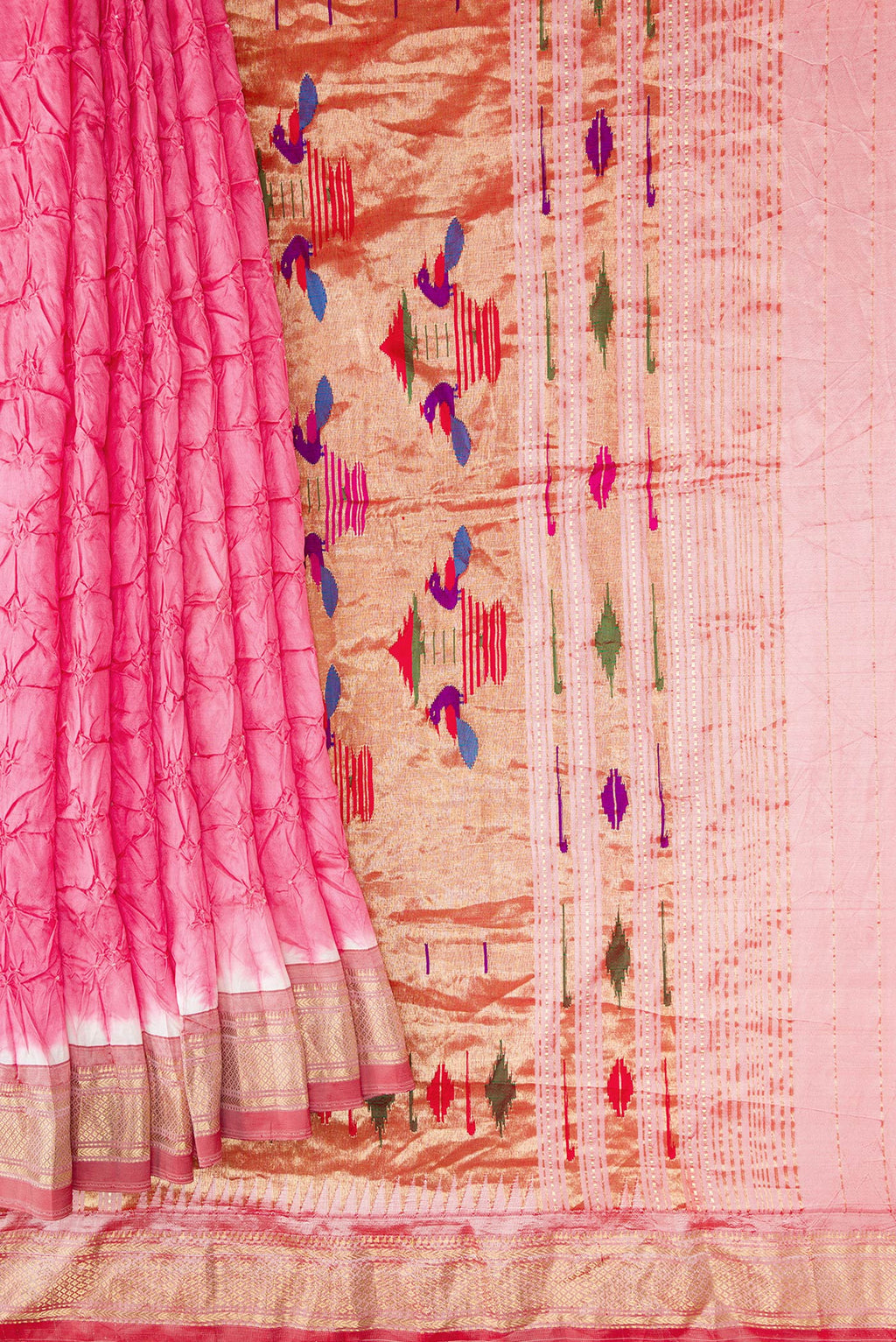 Pleats and pallu of Pink Dual Tone Bandhani Silk Saree with Bandhani Print on the body and Zari Border. 