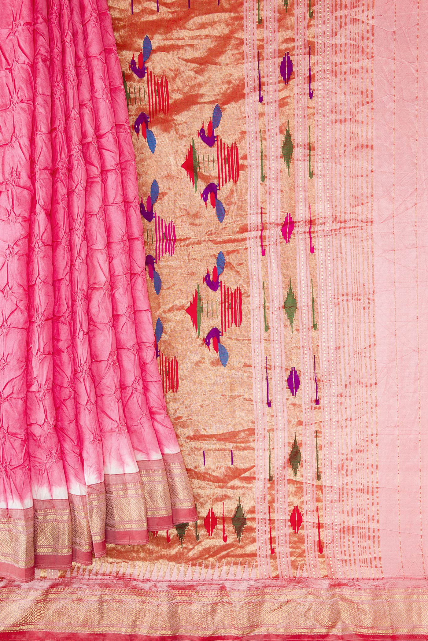 Pleats and pallu of Pink Dual Tone Bandhani Silk Saree with Bandhani Print on the body and Zari Border. 