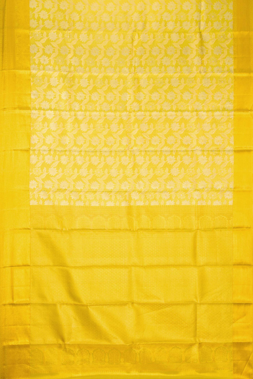 Flat view of Lemon Yellow Dual Tone Kanchipuram Tissue Silk Saree with Zari Brocade on the body and Zari Border. 