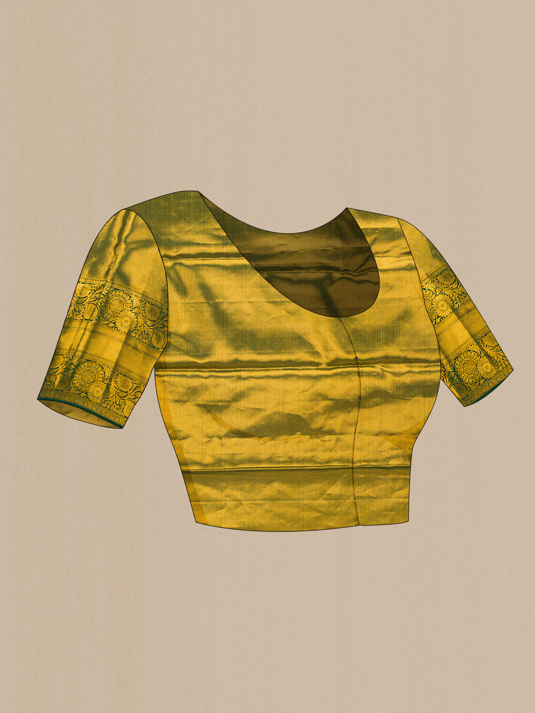 Close up image of the blouse of Orange Dual Tone Kanchipuram Tissue Silk Saree with Zari Brocade on the body and Zari Border. 