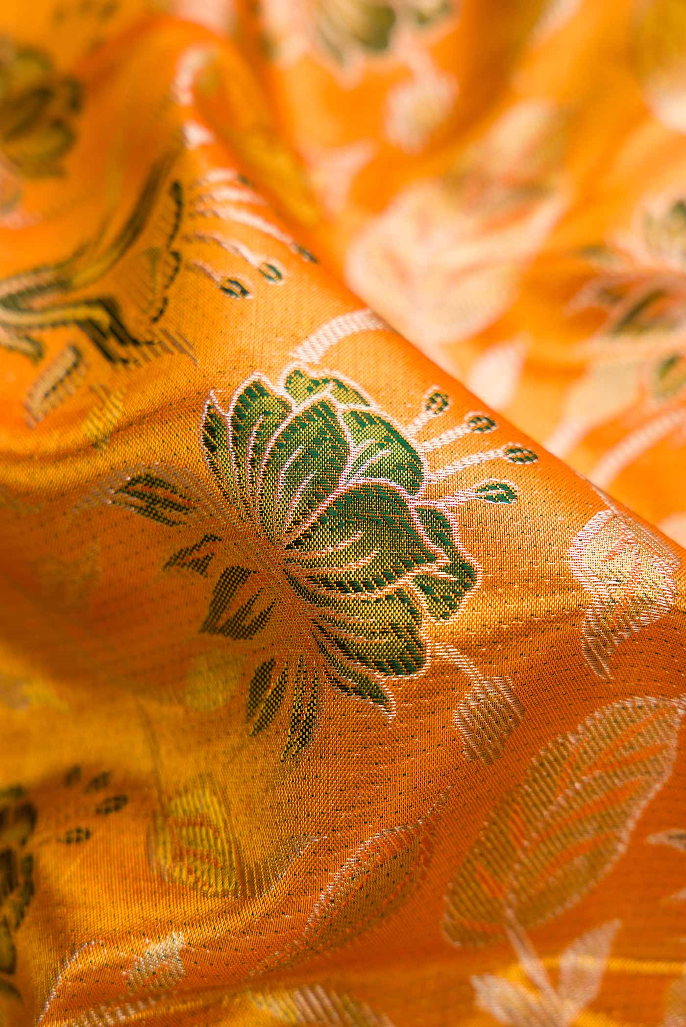 Close up of Orange Dual Tone Kanchipuram Tissue Silk Saree with Zari Brocade on the body and Zari Border.  displaying folds