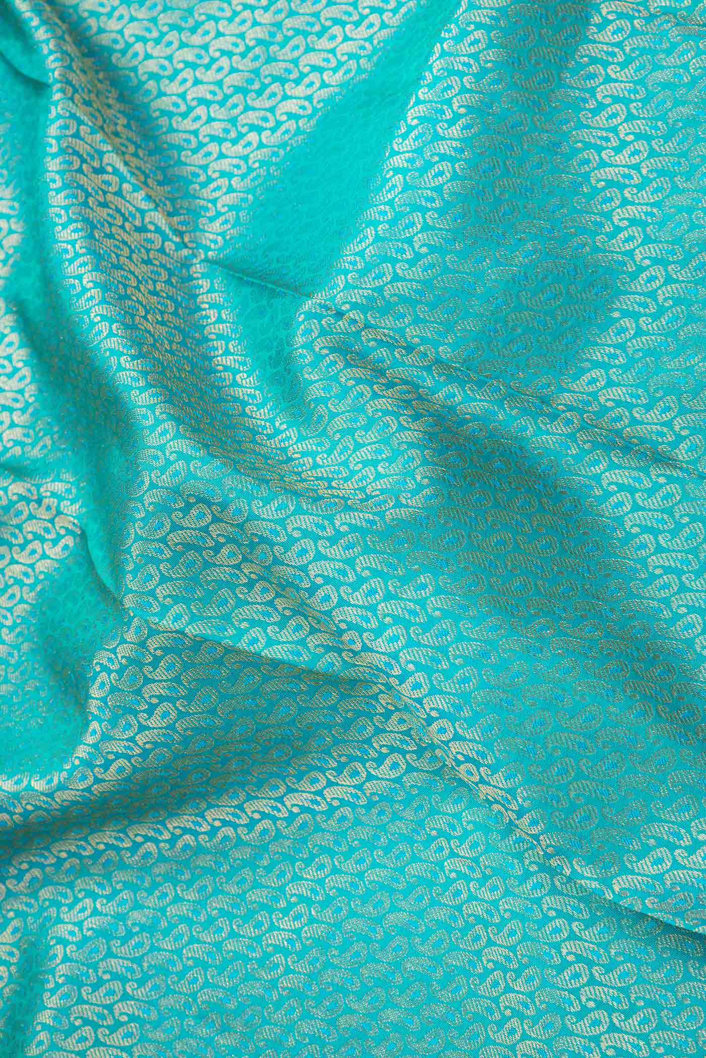 Close up of Pure Silk Pure Zari Green Dual Tone Kanchipuram Saree with Zari Brocade on the body and Zari Border displaying folds