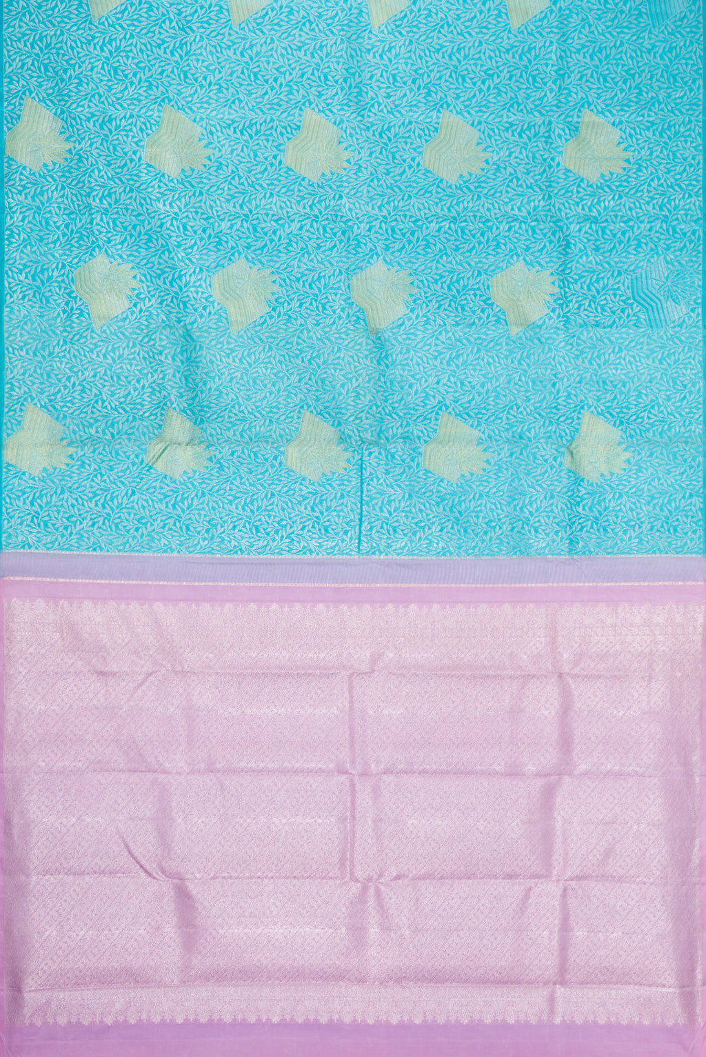 Flat view of Sky Blue Dual Tone Kanjivaram Silk Saree with Zari Brocade on the body and Without Border. 