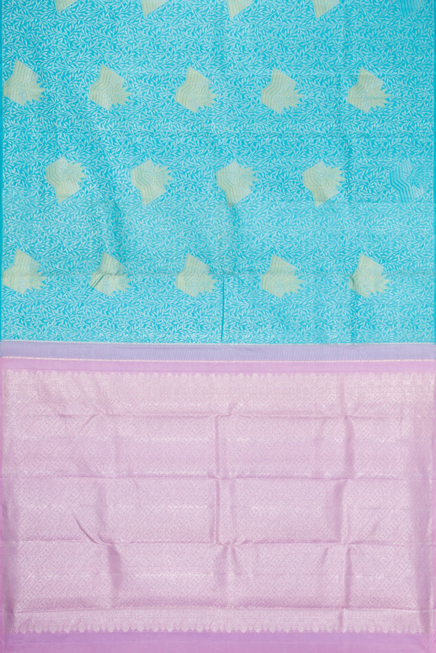 Flat view of Sky Blue Dual Tone Kanjivaram Silk Saree with Zari Brocade on the body and Without Border. 