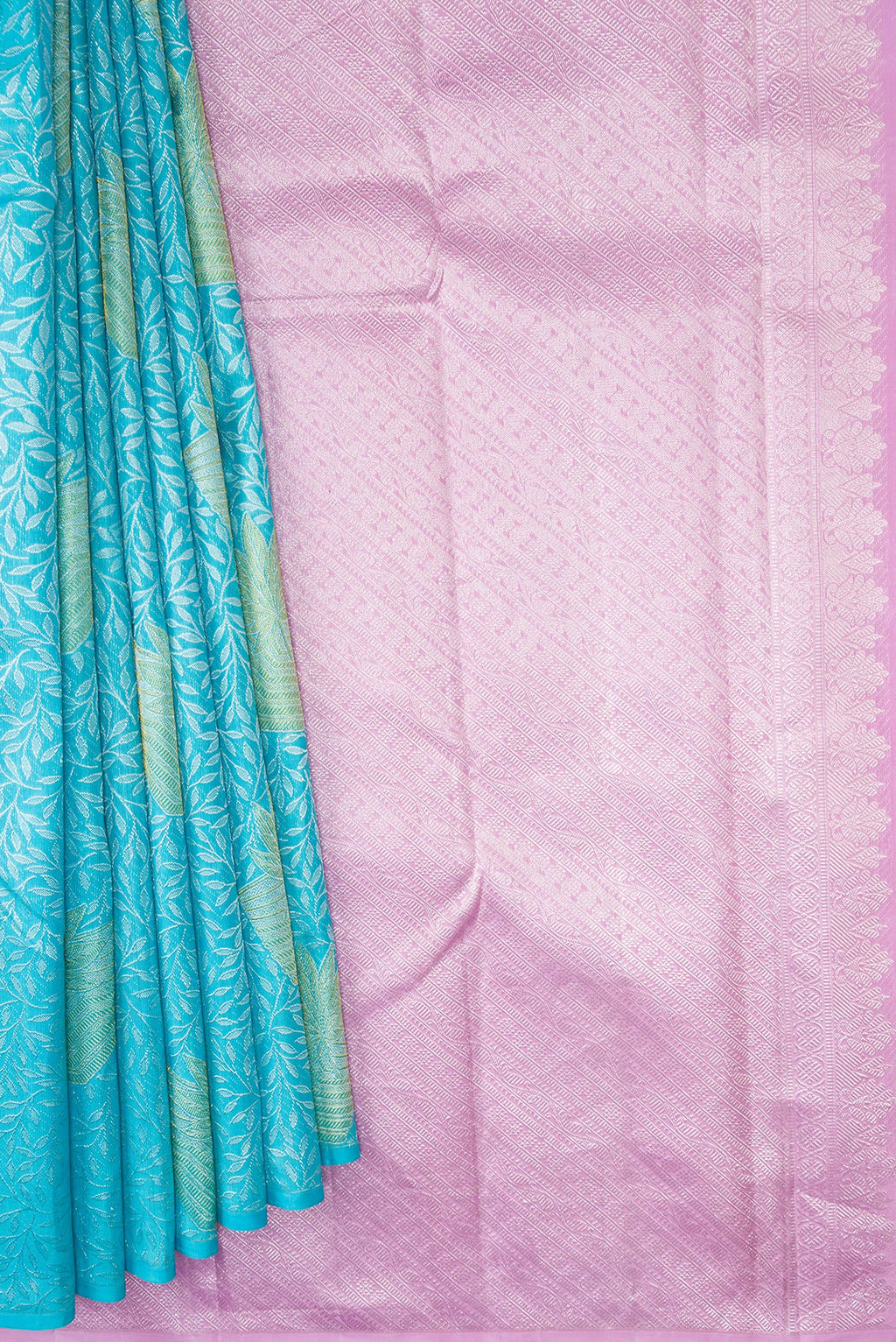 Pleats and pallu of Sky Blue Dual Tone Kanjivaram Silk Saree with Zari Brocade on the body and Without Border. 