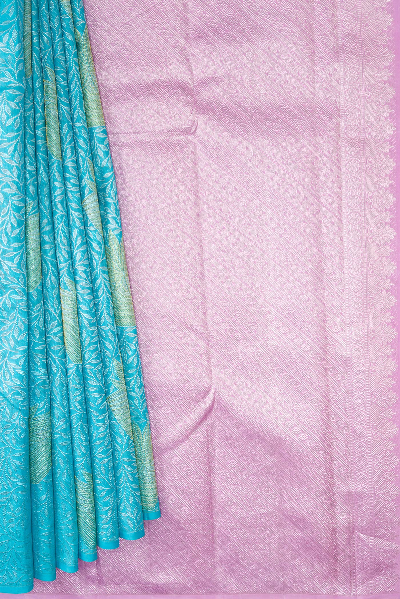 Pleats and pallu of Sky Blue Dual Tone Kanjivaram Silk Saree with Zari Brocade on the body and Without Border. 