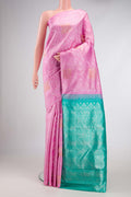 Pink Dual Tone Kanjivaram Silk Saree with Zari Brocade on the body and Without Border.  displayed on a mannequin