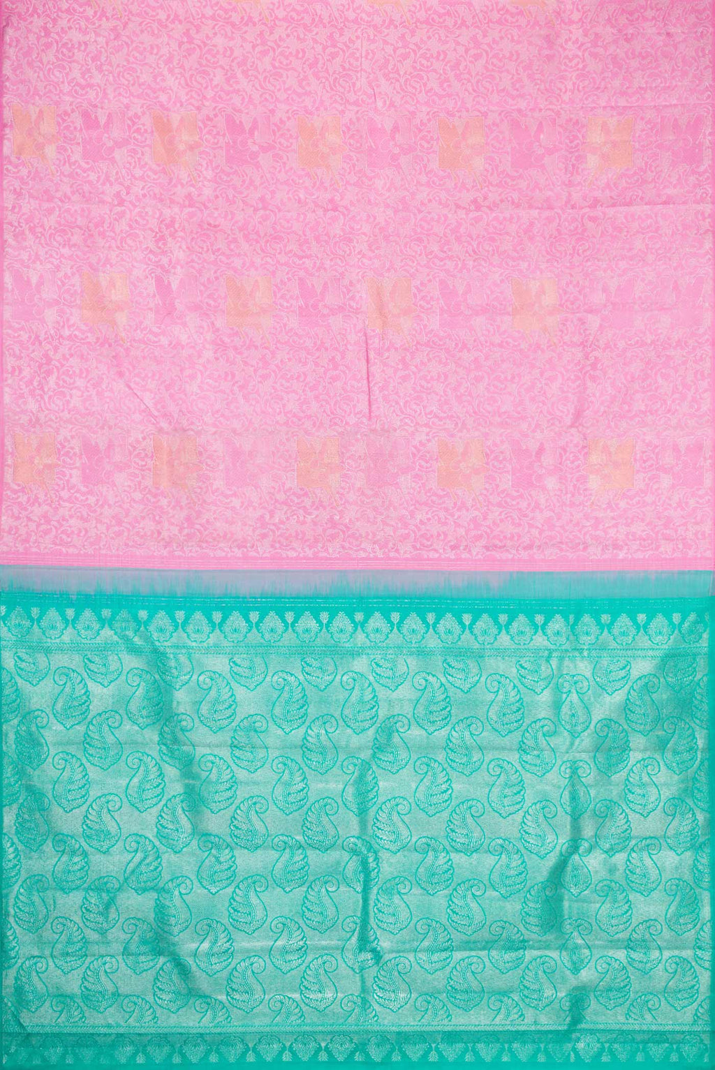 Flat view of Pink Dual Tone Kanjivaram Silk Saree with Zari Brocade on the body and Without Border. 