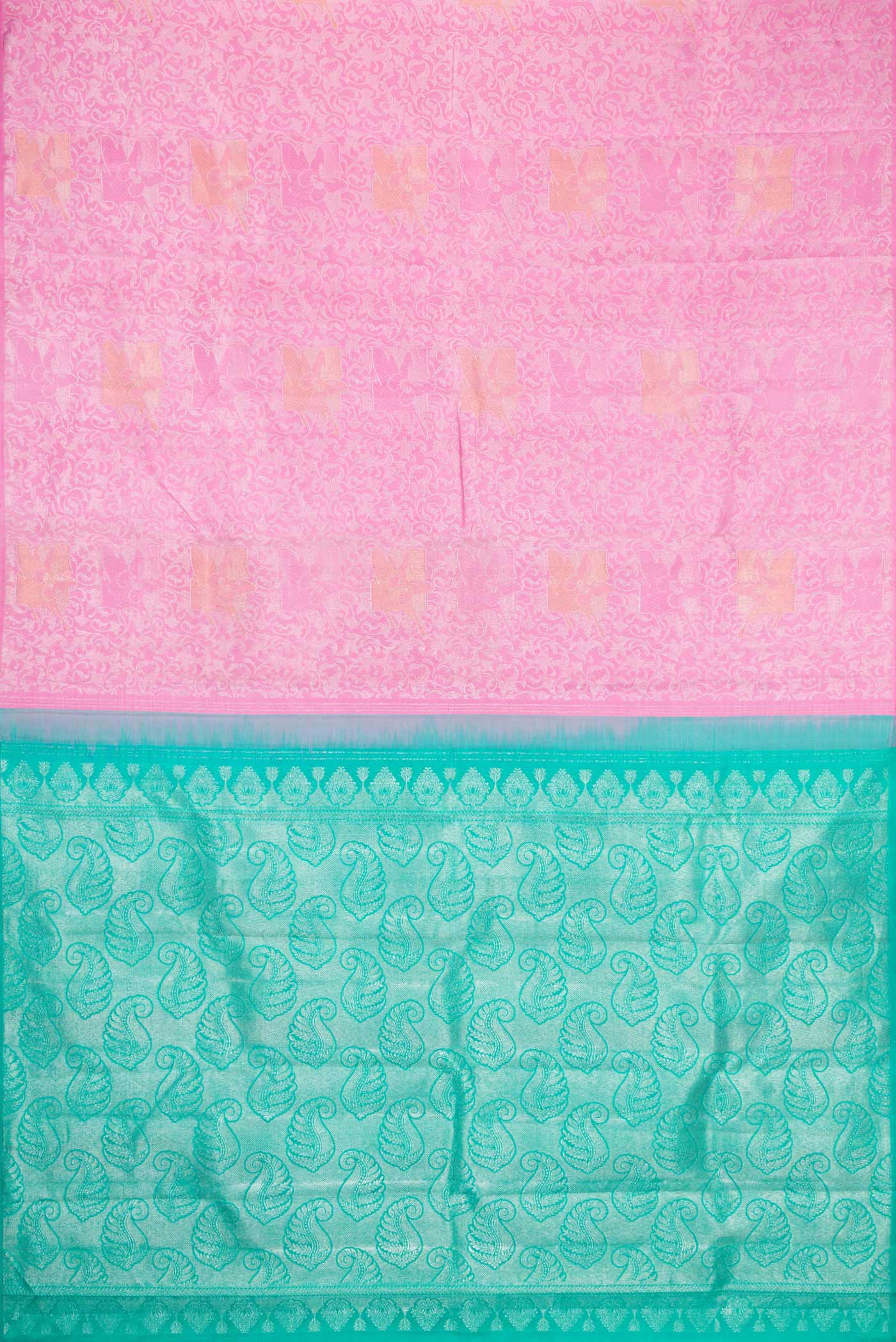 Flat view of Pink Dual Tone Kanjivaram Silk Saree with Zari Brocade on the body and Without Border. 