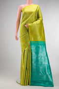 Parrot Green Dual Tone Kanjivaram Silk Saree with Zari Brocade on the body and Without Border.  displayed on a mannequin