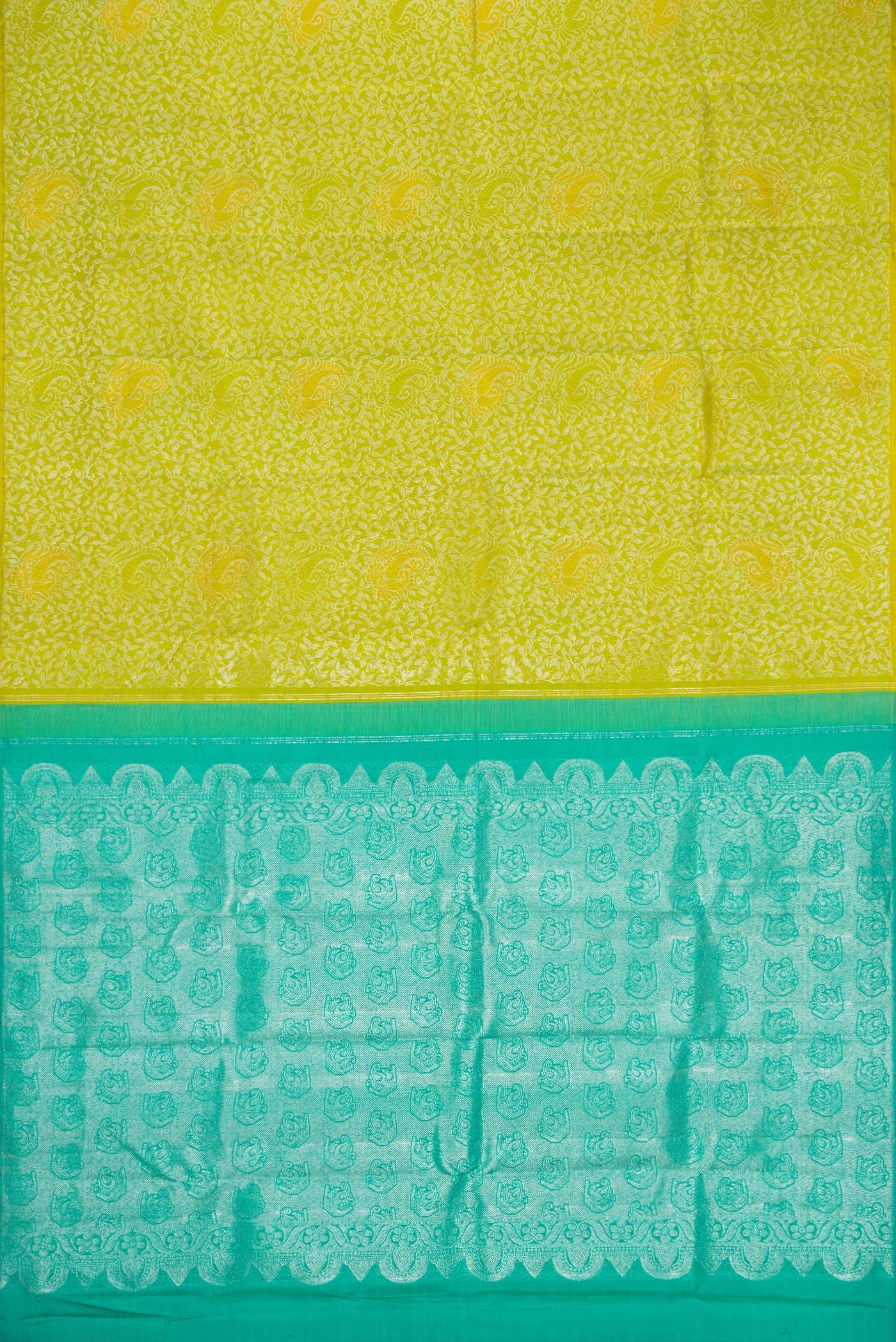 Flat view of Parrot Green Dual Tone Kanjivaram Silk Saree with Zari Brocade on the body and Without Border. 