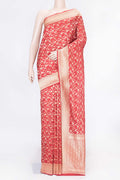 Red Dual Tone Banarasi Saree with Zari Brocade on the body and Zari Border displayed on a mannequin
