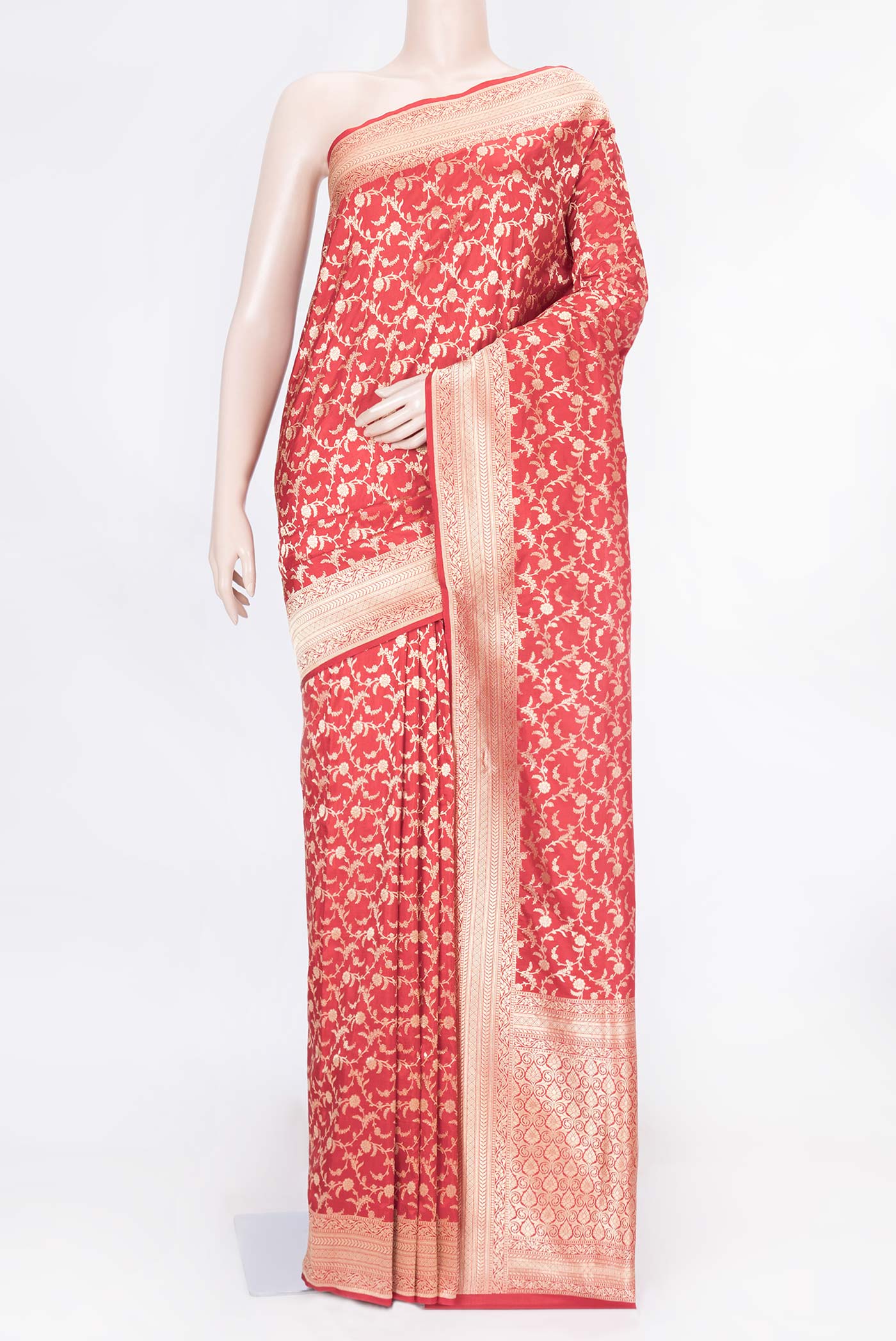 Red Dual Tone Banarasi Saree with Zari Brocade on the body and Zari Border displayed on a mannequin