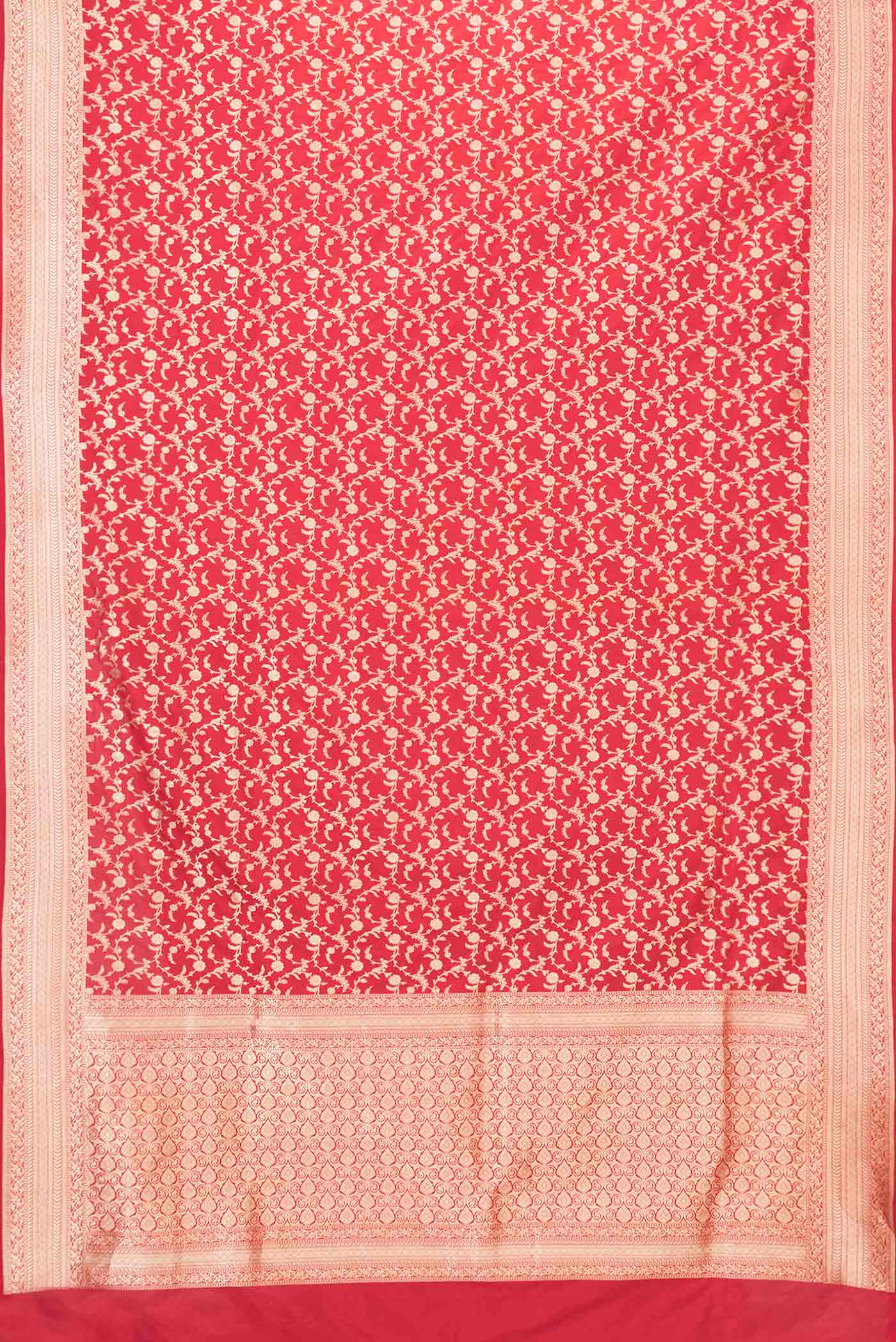 Flat view of Red Dual Tone Banarasi Saree with Zari Brocade on the body and Zari Border