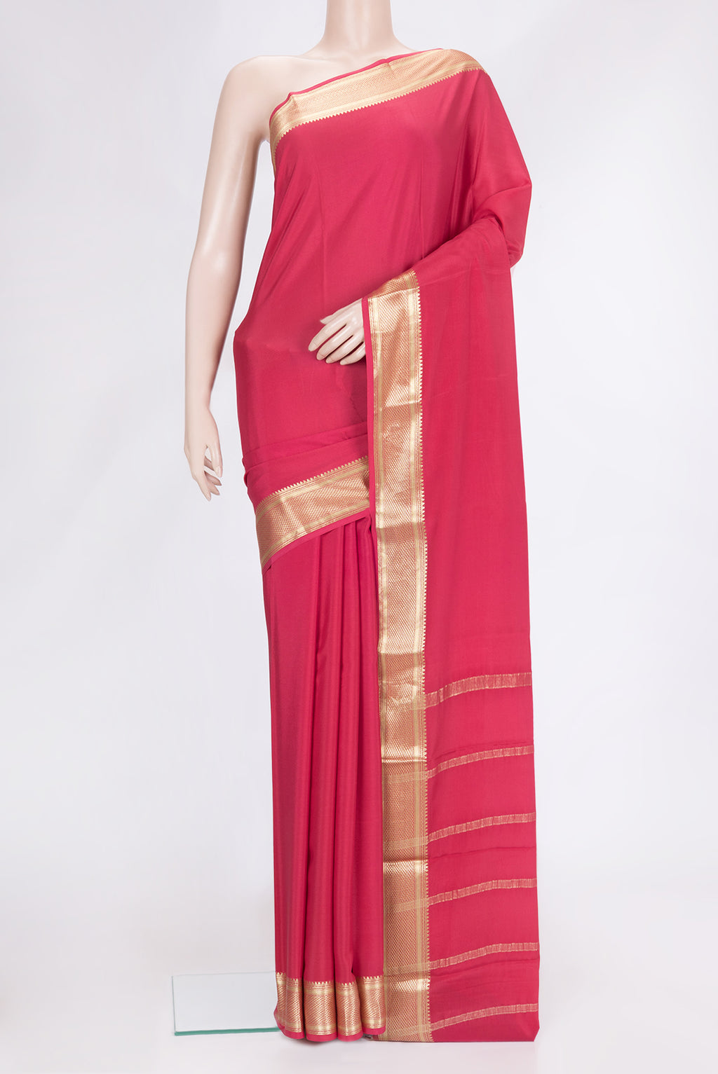 Pink Dual Tone Mysore Georgette Saree with Plain Body and Zari Border.  displayed on a mannequin