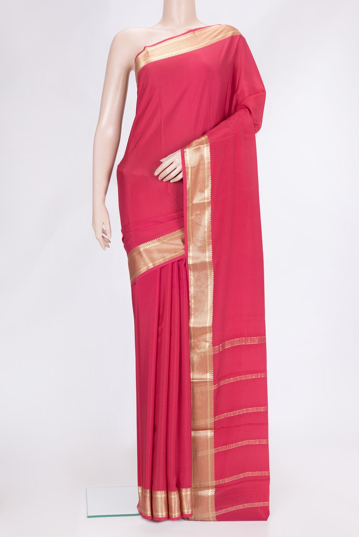 Pink Dual Tone Mysore Georgette Saree with Plain Body and Zari Border.  displayed on a mannequin