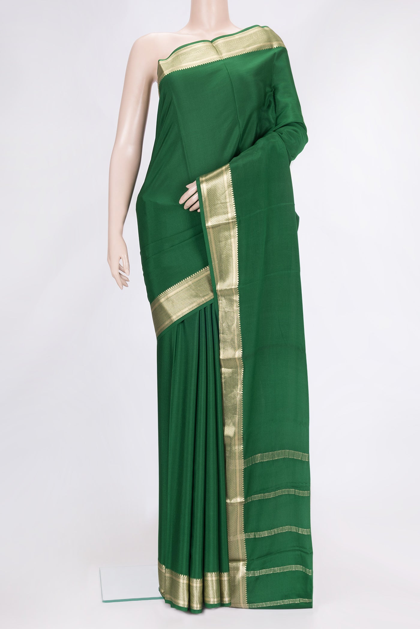 Bottle Green Dual Tone Mysore Georgette Saree with Plain Body and Zari Border.  displayed on a mannequin