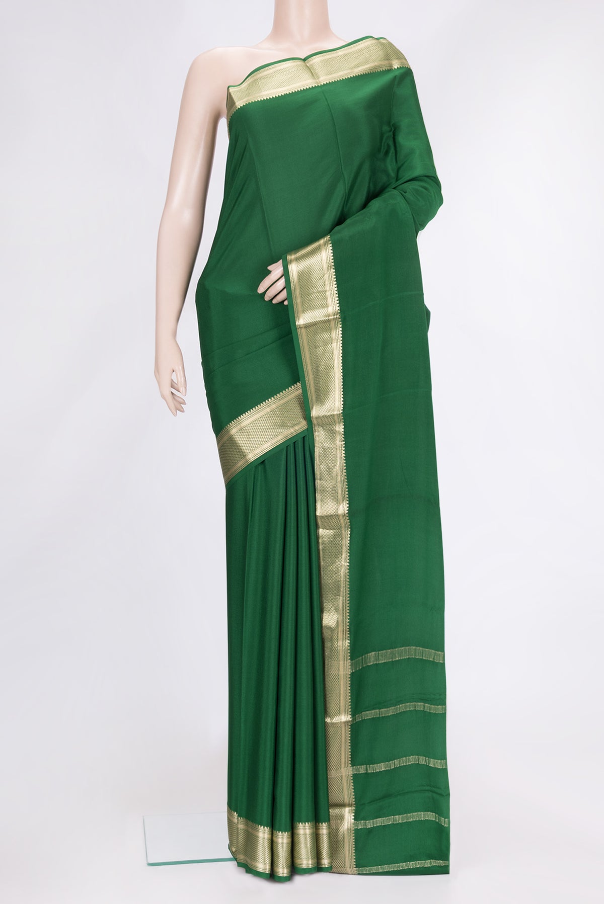 Bottle Green Dual Tone Mysore Georgette Saree with Plain Body and Zari Border.  displayed on a mannequin