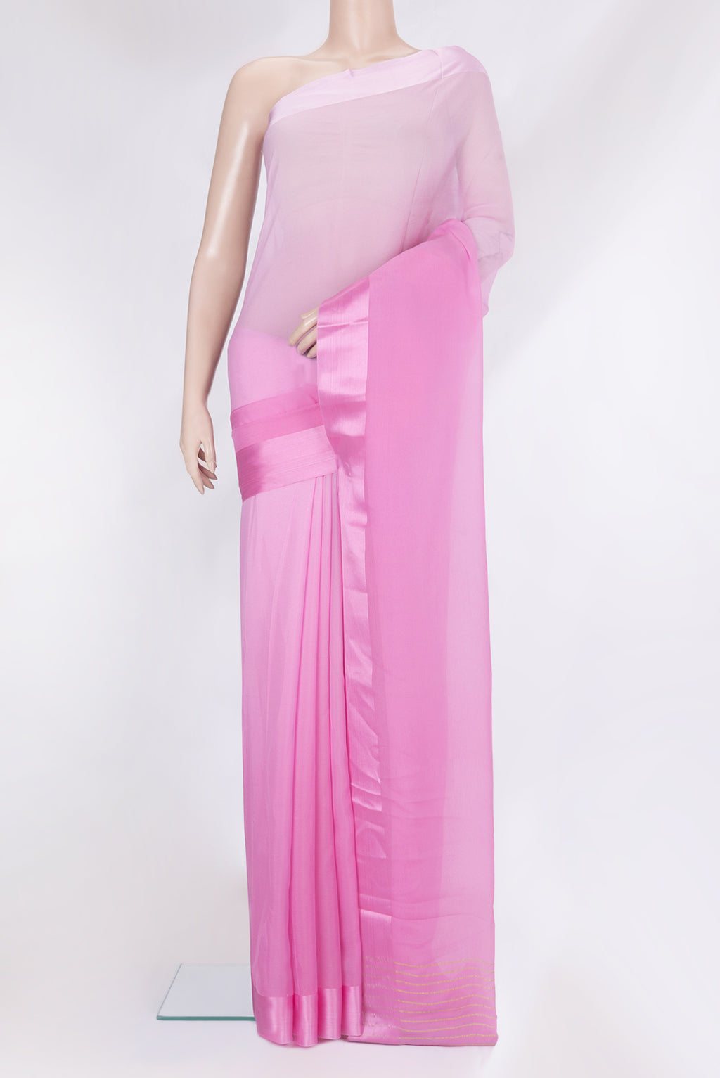 Pink Mysore Chiffon Saree with Plain Body and Plain Border.  displayed on a mannequin